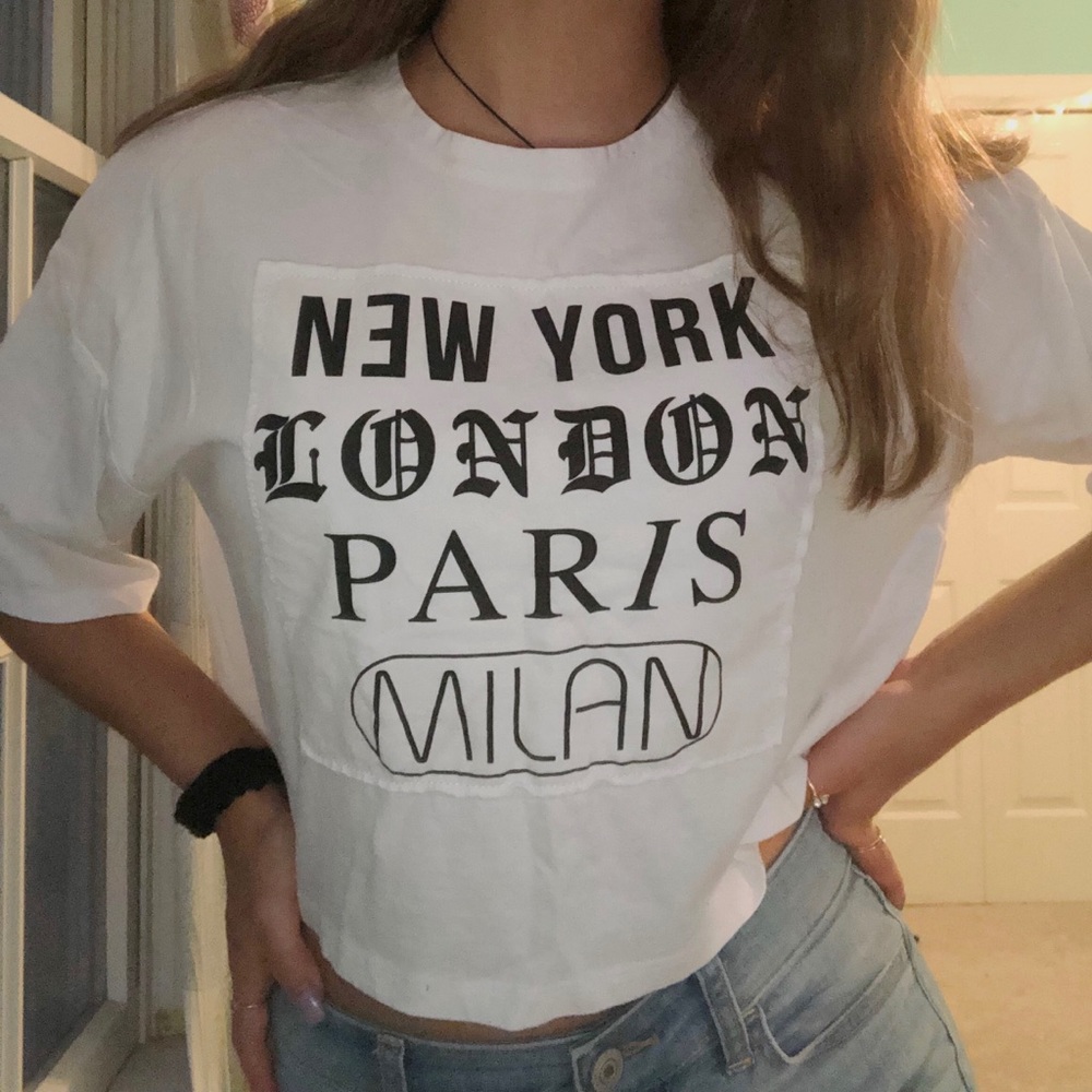 New York, London, Paris, Milan white cropped tee